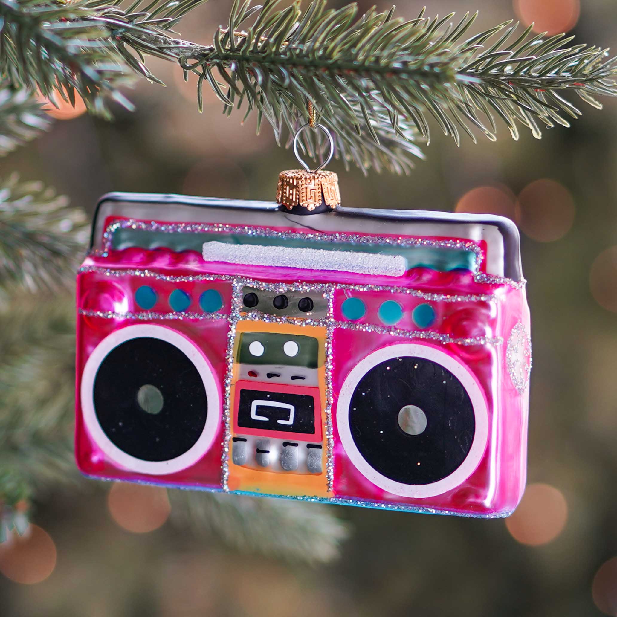 Retro boombox Christmas ornament | Glass | Pink | 11cm