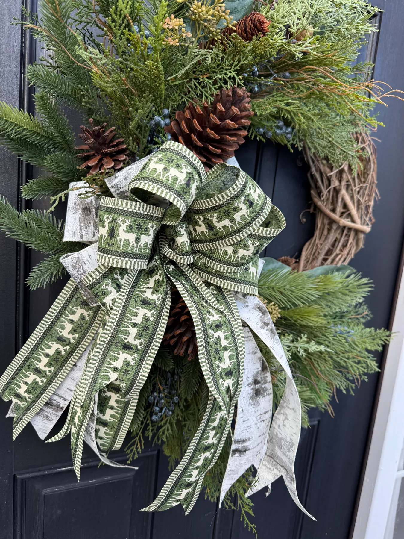 Rustic Winter Wreath w Monogram for Front Door w Deer Bow With Monogram