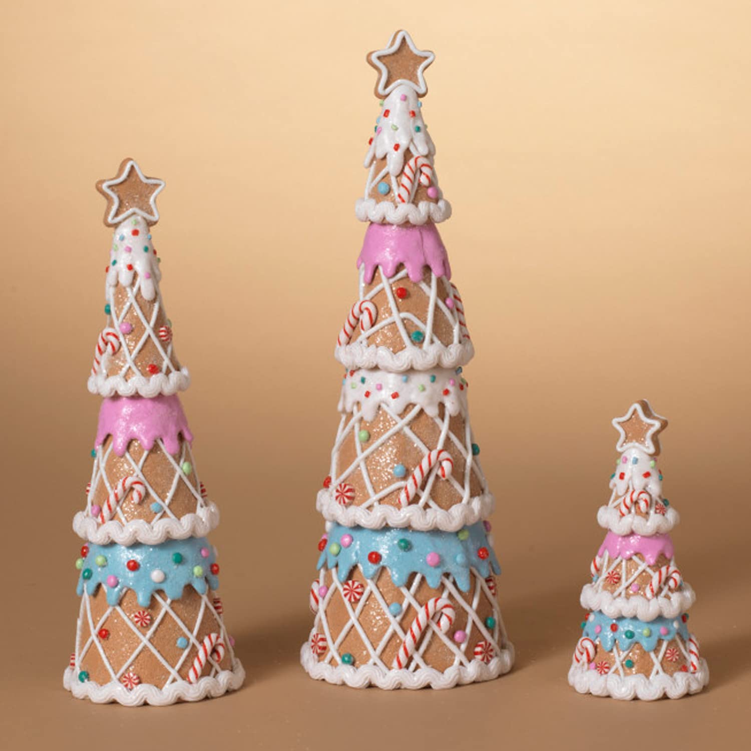 Set of 3 Pastel Faux Gingerbread Christmas Tree Figurines - One Holiday Way
