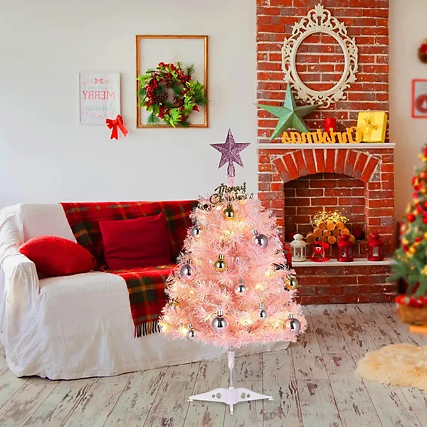 Small Pink Christmas Tree 60cm Mini Tabletop Artificial Christmas Tree with  LED String Lights and Hanging