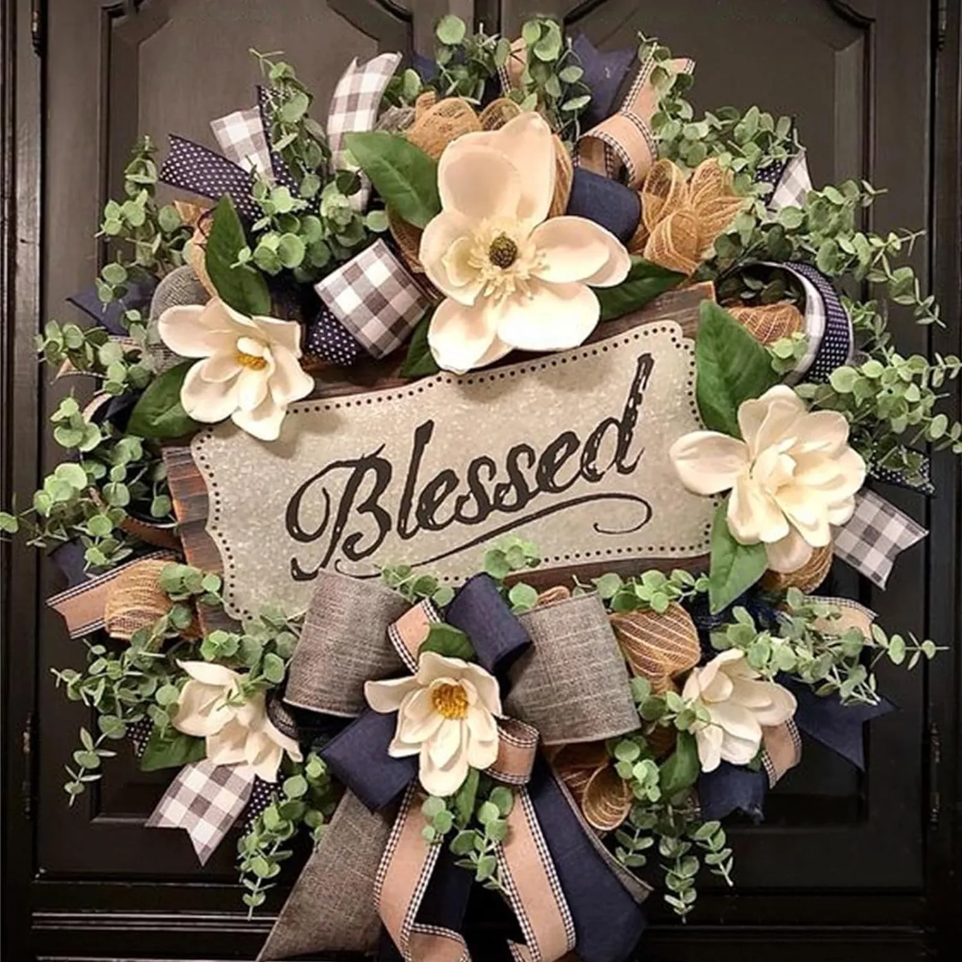 Spring Summer Wreath for Front Door,Farmhouse Magnolia Porch  Decoration,Front Door Hanger,Housewarming Gift, Buffalo Plaid Year Round  Wreath,Summer Home Decor