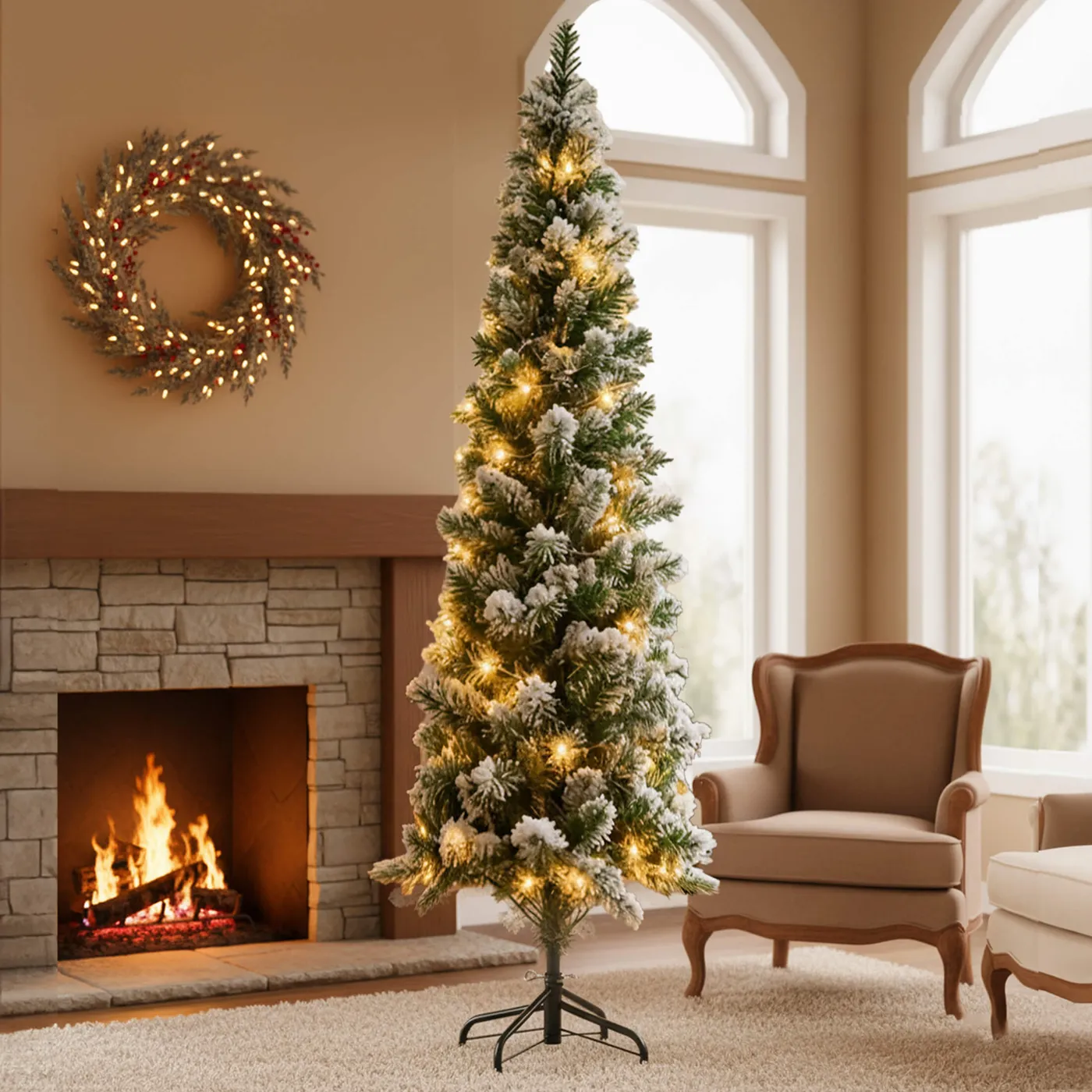 Sweetcrispy Luxury Pre-Decorated Artificial Fir Christmas Pencil Tree with Lights, 9 ft / White