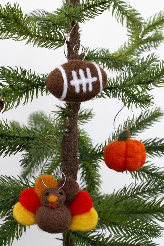 Thanksgiving Fall Ornament Set- Turkey, Football, Pumpkin- Handmade by Matthew and Mae