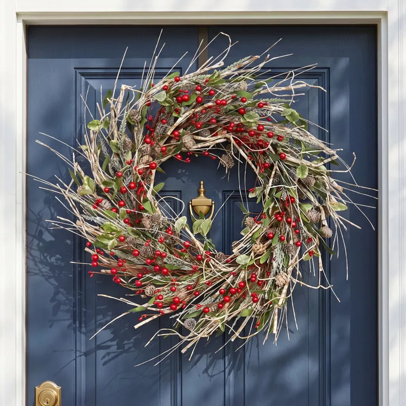 The Holiday Aisle® 24' Artificial Farmhouse Leafage Berry Birch Pinecone Christmas Day Winter Wreath For Front Door & Reviews | Birch Lane