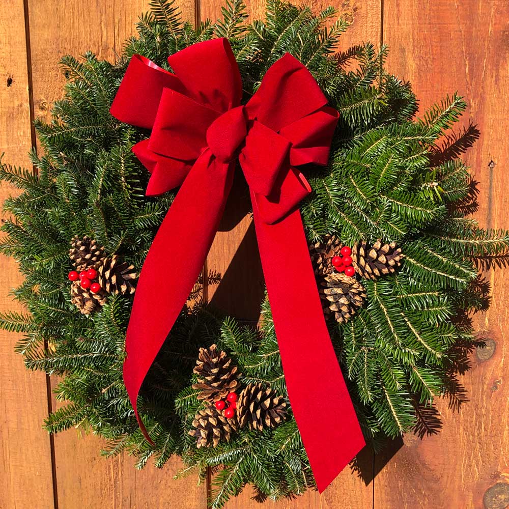 Traditional Balsam Fir Wreath with Bow: Brick Red Bow