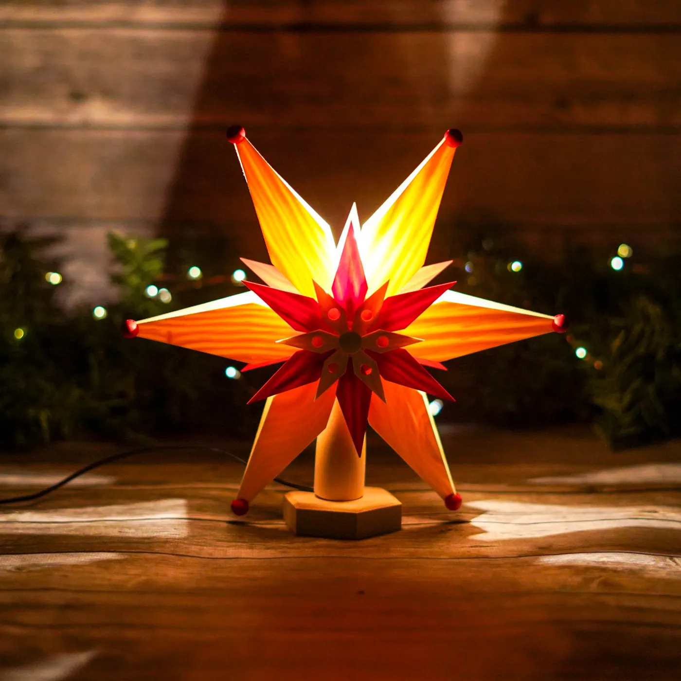 Tree Topper - Electric Red and Natural Wood Star