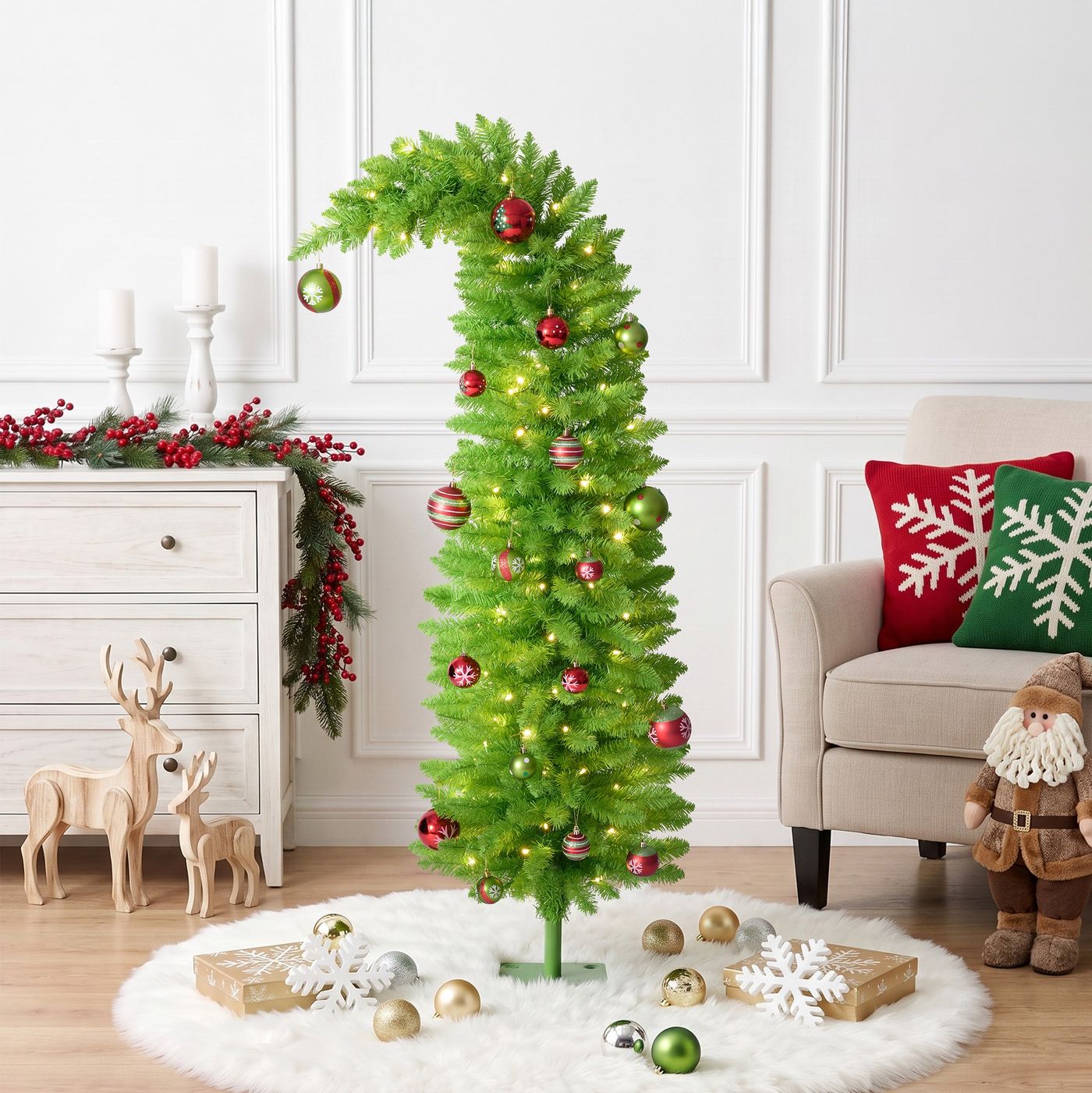 VeriNatural 5FT Pencil Artificial Christmas Tree with Red & Green  Ornaments, Pre-Decorated Slim Xmas Tree for Indoor Holiday Decor