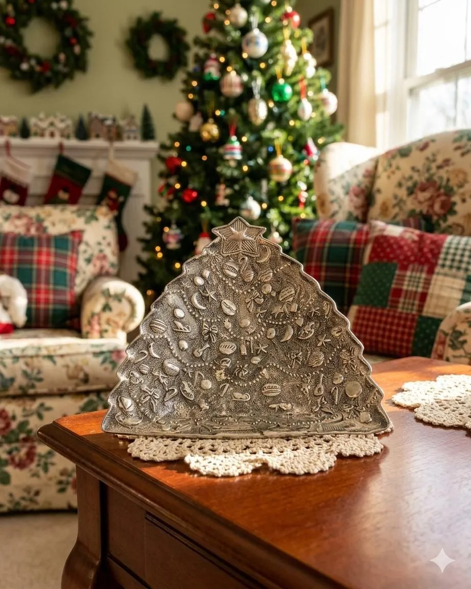 Vintage 1990s International Silver Co. Silverplate Christmas Tree With  Embossed Holiday Ornament Design Jewelry Trinket Candy Dish