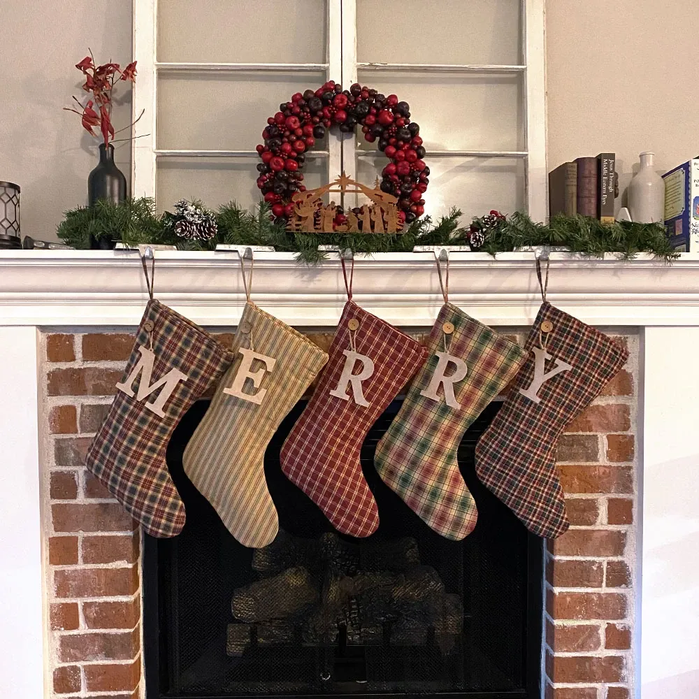 Vintage Christmas Red & Green Stripe Quilted Christmas Stocking With Personalized Letter Charm by Marilee Home - Jubilee Fabric
