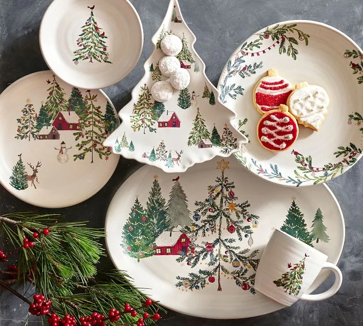 Vintage Christmas Tree Christmas Dishware 80s 90s Vintage Alco Stoneware  Christmas Tree Pattern Dinner Plates Set