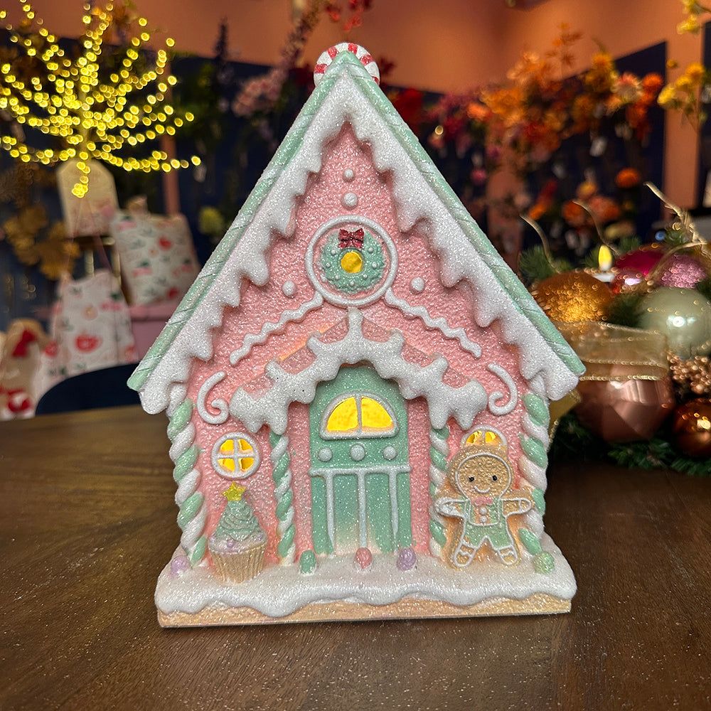Viv! Christmas Tabletop Figure - Gingerbread Man House of Clay incl. LED  Lighting - Pastel Pink - 22cm