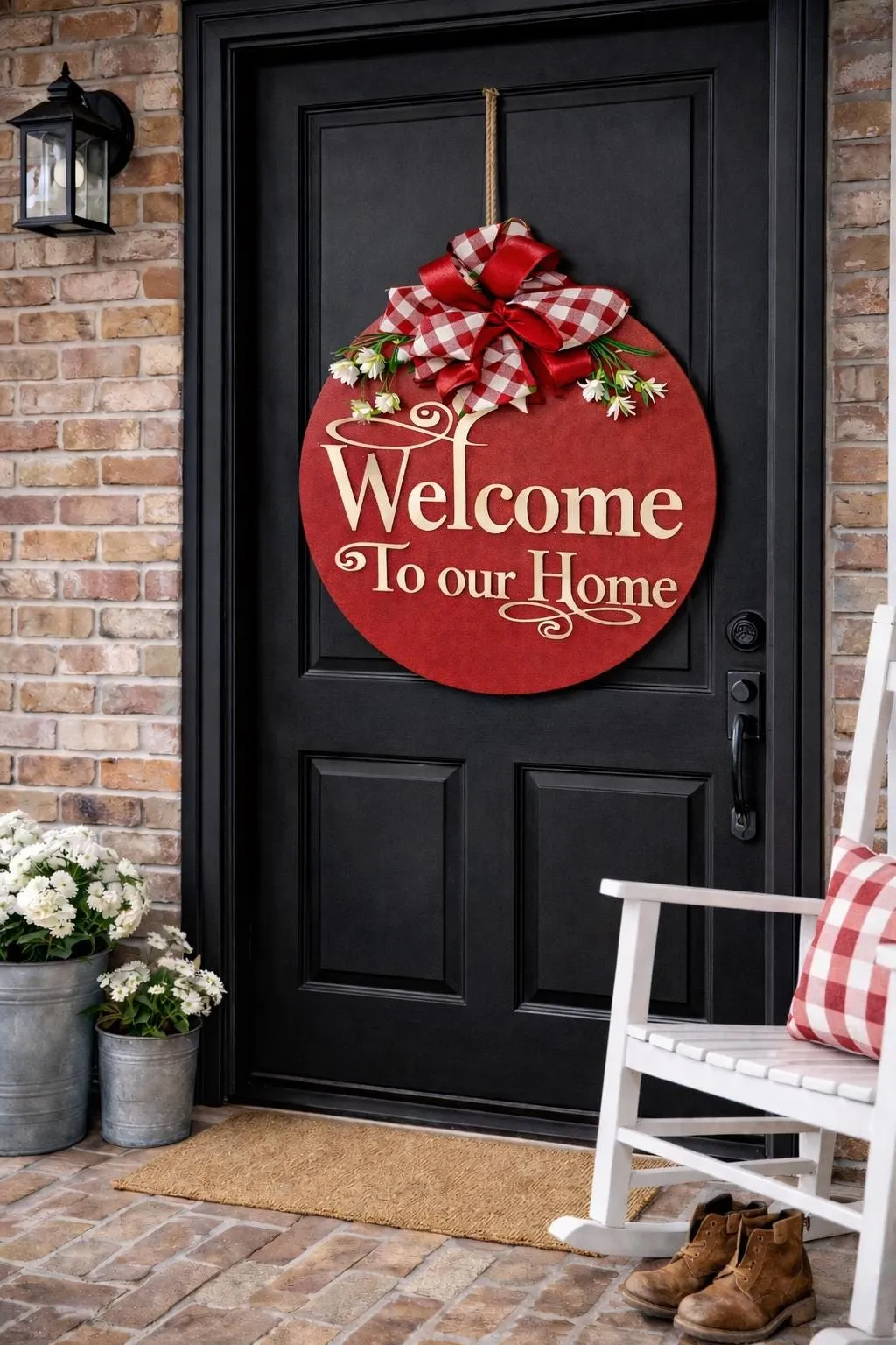 Welcome To Our Home Door Hanger | Red Farmhouse Wood Sign, Year Round Decor