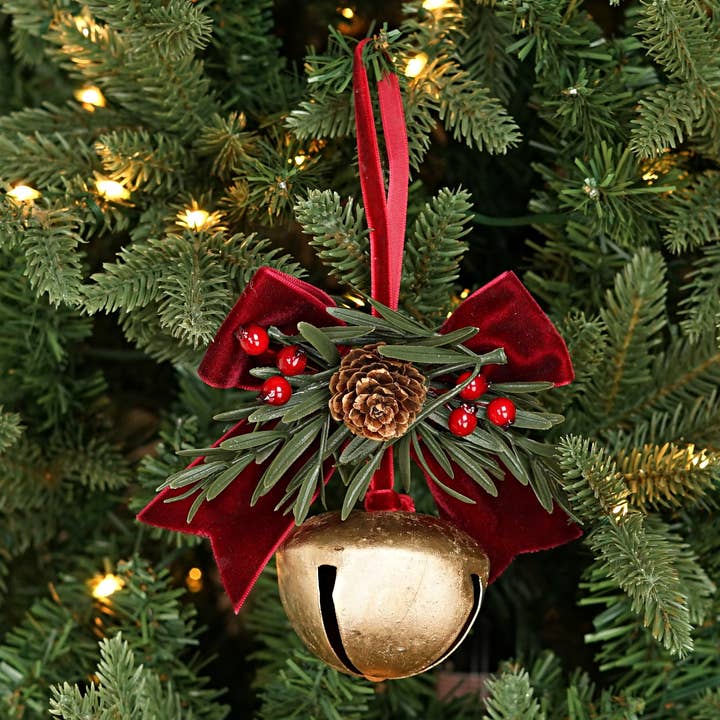 Wholesale 571025- 6.5inL Gold Sleigh Bell with pine and Burgundy Bow O for  your store - Faire