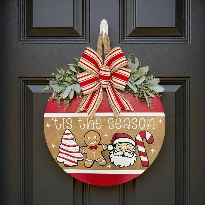 Wholesale Christmas Butterfly Bow-Trimmed Welcome Vintage-Inspired Round  Wooden Door Sign for your store - Faire
