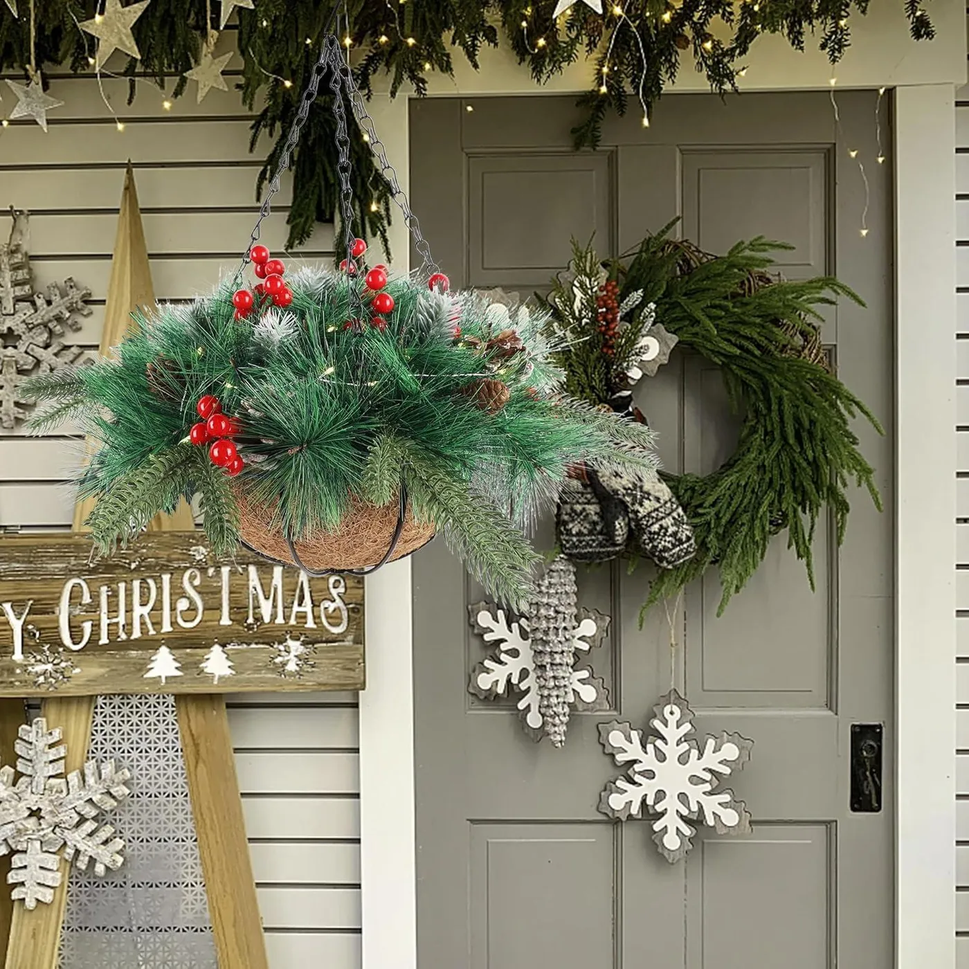winemana Pre-Lit Artificial Christmas Hanging Basket Outdoor Decoration  with Pine Cones & Red Berry Clusters, Battery Powered with Timer Lighted  Branches Faux Plants for Outside Porch Front Door - w