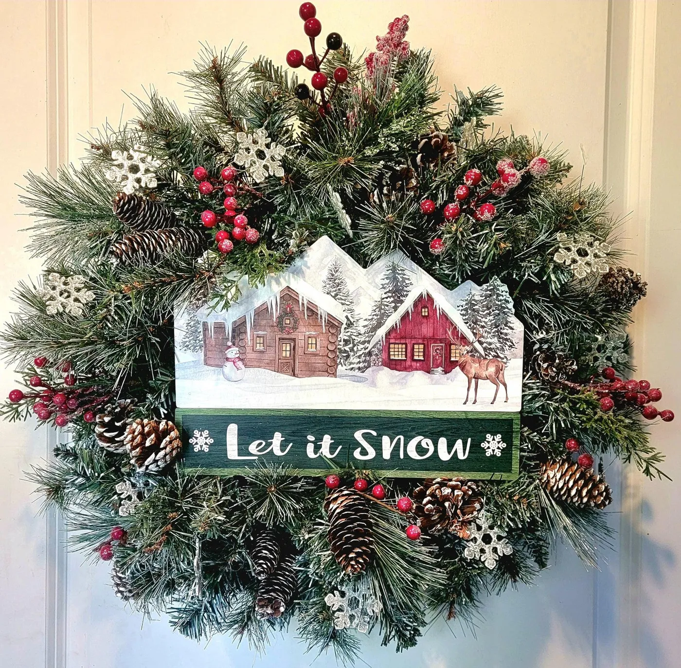 Winter Cabin Deer Wreath Pine Berries | Mercari